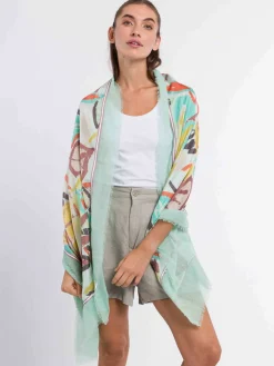 Patchwork-Stola mit Blätter-Print in Seide auf Baumwolle